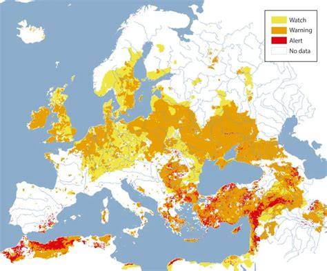 Droogtekaart van Europa met watertekorten